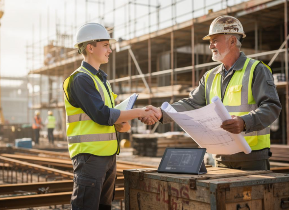 Apprenti en alternance et maître d'apprentissage sur chantier de construction