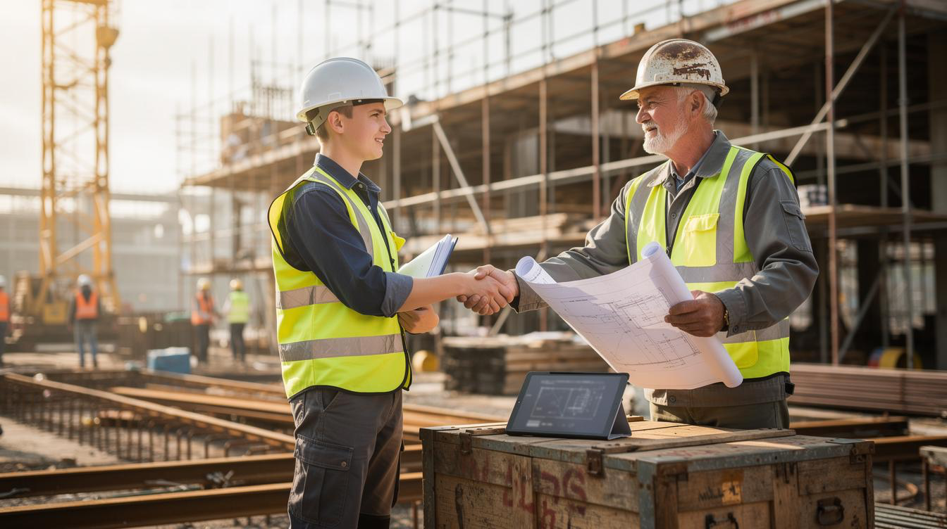 Apprenti en alternance et maître d'apprentissage sur chantier de construction