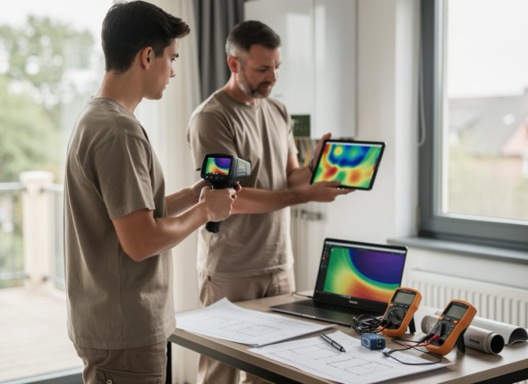 Stagiaire et formateur réalisant un diagnostic thermique avec caméra infrarouge