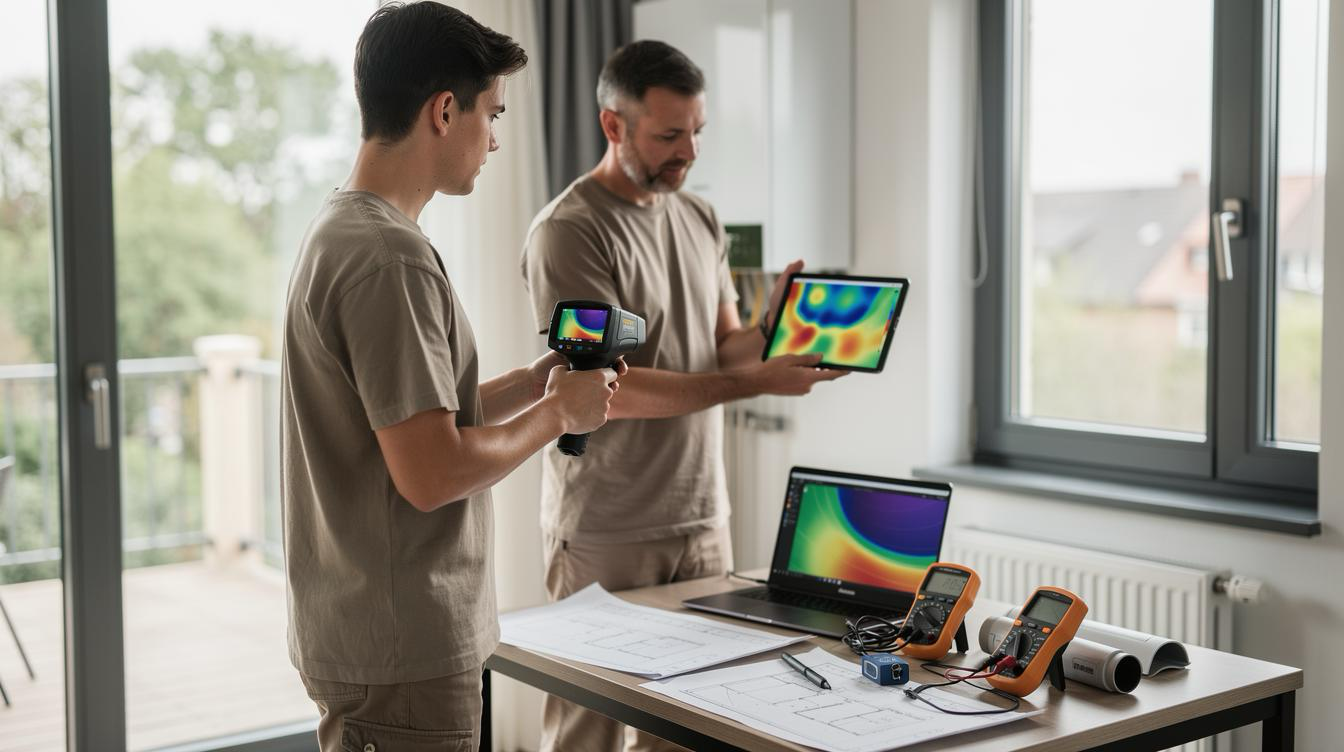 Stagiaire et formateur réalisant un diagnostic thermique avec caméra infrarouge